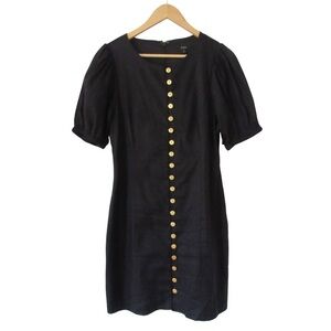 J Crew Black Gold Button Mini Sheath Dress 8 Linen Blend Puff Sleeves Classic